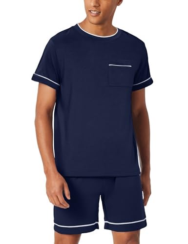 Bresdk Schlafanzug Herren Kurz Baumwolle Sommer Shorty Pyjama Herren T-Shirt Schlafanzughose Zweiteilig Pyjamas Set für Männer(Marineblau,3XL) von Bresdk