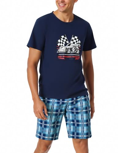 Bresdk Schlafanzug Herren Kurz Baumwolle Sommer Pyjama Set Kurzarm T-Shirt und Shorty Schlafanzughose mit Tasche Nachtwäsche für Männer Kariert Pyjamahose Marineblau XXL von Bresdk