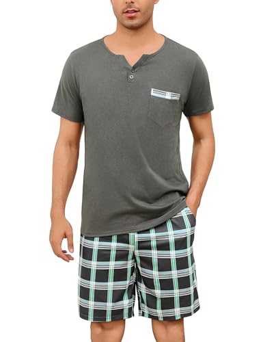 Bresdk Schlafanzug Herren Kurz Sommer Baumwolle Kariert Zweiteiliger Pyjama Set Grau Kariert L von Bresdk