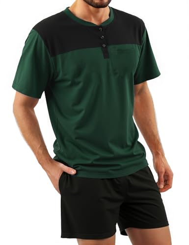 Bresdk Schlafanzug Herren Kurz Sommer Baumwolle Pyjama Set Männer Knopfleiste Kurzarm und Kurze Schlafanzughose Pyjamaset von Bresdk