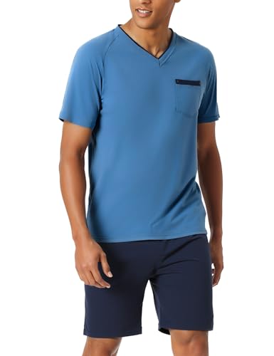 Bresdk Schlafanzug Herren Kurz Sommer Pyjama Set Baumwolle Shorty Kurzer Schlafanzüge mit V-Ausschnitt Schlafanzughose Zweiteilig Set von Bresdk