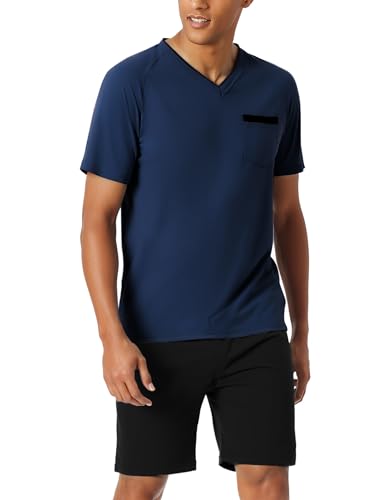 Bresdk Schlafanzug Herren Kurz Sommer Pyjama Set Baumwolle Shorty Kurzer Schlafanzüge mit V-Ausschnitt Schlafanzughose Zweiteilig Set von Bresdk