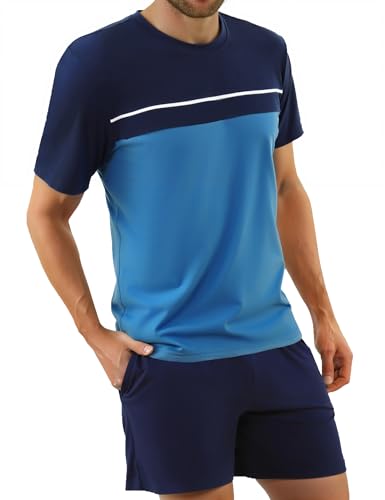 Bresdk Schlafanzug Herren Kurz Baumwolle Shorty Pyjama Set Zweiteiler Kurzarm Nachtwäsche mit Oberteil und Pyjamahose Hausanzug Sleepwear von Bresdk