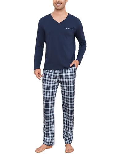 Bresdk Schlafanzug Herren Lang Baumwolle Hausanzug V Ausschnitt Langarm Pyjama Nachtwäsche Winter Karierte Pyjamahose, Dunkelblau, L von Bresdk