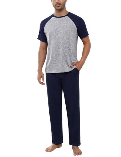 Bresdk Schlafanzug Herren Lang Pyjama Baumwolle Zweiteiliges Set Kurzarm Shirt Lange Pyjamahose Sommer Nachtwäsche für Männer von Bresdk
