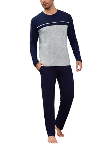 Bresdk Schlafanzug Herren Lang Baumwolle Pyjama Set Männer Winter Zweiteilige Nachtwäsche mit Streifen-Design,Blau Grau,M von Bresdk