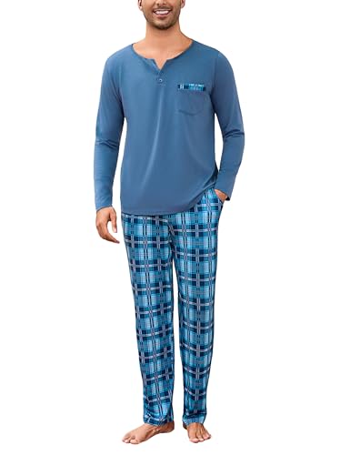 Bresdk Schlafanzug Herren Lang Baumwolle Pyjama Set Winter Knopfleiste Langarm Nachtwäsche Männer Blau von Bresdk