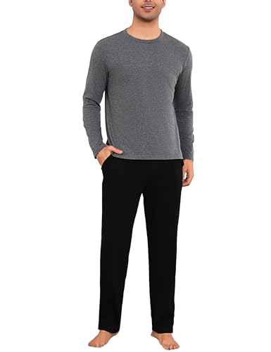 Bresdk Schlafanzug Herren Lang Baumwolle Winter Pyjama Herren Lang mit Schlafanzughose Zweiteilige Nachtwäsche Grau L von Bresdk