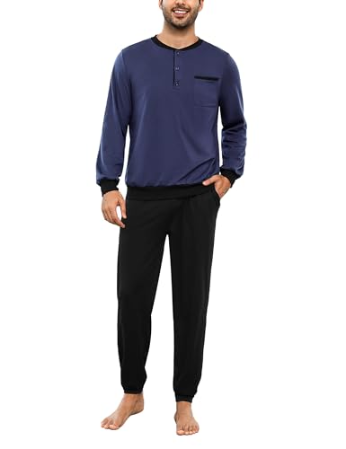 Bresdk Schlafanzug Herren Lang Baumwolle Winter mit Knöpfen Lange Schlafanzughose Blau Schwarz M von Bresdk