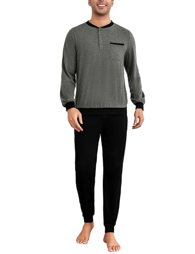 Bresdk Schlafanzug Herren Lang Baumwolle Winter mit Knöpfen Lange Schlafanzughose Grau Schwarz 4XL von Bresdk