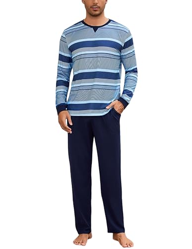 Bresdk Schlafanzug Herren Lang Große Größe Pyjama Set Langarm Baumwolle mit Streifen Winter Nachtwäsche Marineblau + Hellblau XXL von Bresdk