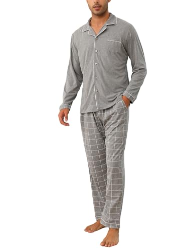 Bresdk Schlafanzug Herren Lang Knopfleiste Nachtwäsche Baumwolle Kariert Winter Pyjama Set männer Geschenk M763 Hellgrau 3XL von Bresdk