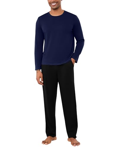 Bresdk Schlafanzug Herren Lang Pyjama Baumwolle Runder Ausschnitt Winter Nachtwäsche mit Pyjama Hose Lang Marineblau XXL von Bresdk