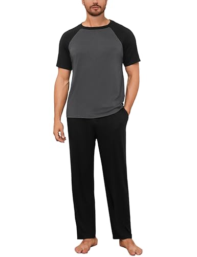 Bresdk Schlafanzug Herren Lang Pyjama Baumwolle Zweiteiliges Set Kurzarm Shirt Lange Pyjamahose Sommer Nachtwäsche für Männer von Bresdk
