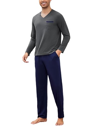 Bresdk Schlafanzug Herren Lang Pyjama Herren Baumwolle Pijamas Langarm Winter Pyjamahose Warmer Schlafanzüge Mit V-Ausschnitt Hauskleidung Grau+Marineblau Übergrößen von Bresdk