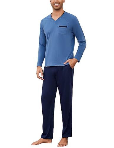 Bresdk Schlafanzug Herren Lang Pyjama Herren Baumwolle Pijamas Langarm Winter Pyjamahose Warmer Schlafanzüge Mit V-Ausschnitt Hauskleidung Große Größe Blau XXL von Bresdk