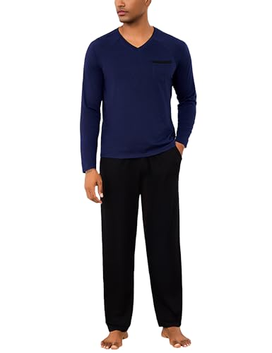 Bresdk Schlafanzug Herren Lang Pyjama Herren Baumwolle Pijamas Langarm Winter Pyjamahose Warmer Schlafanzüge Mit V-Ausschnitt Hauskleidung Übergrößen Marineblau XXL von Bresdk