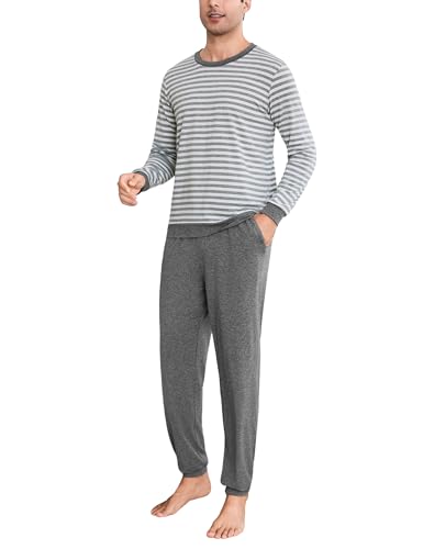 Bresdk Schlafanzug Herren Lang Pyjama Streifen Langarm Baumwolle Winter Schlafanzüge für Herren Pyjamahose Zweiteilig Set Nightwear Grau L von Bresdk