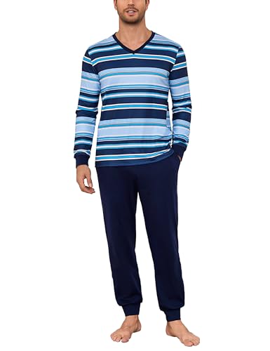 Bresdk Schlafanzug Herren Lang Pyjama Kuscheliger Winter Hausanzug Nachtwäsche Knallblau 3XL von Bresdk