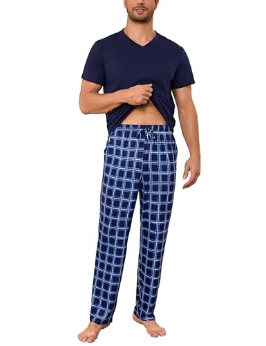 Bresdk Schlafanzug Herren Lang Pyjama Langarm Karierter Schlafanzüge für Herren Baumwolle Pijamas Winter Pyjamahose Zweiteilig Set Bequem Hauskleidung von Bresdk