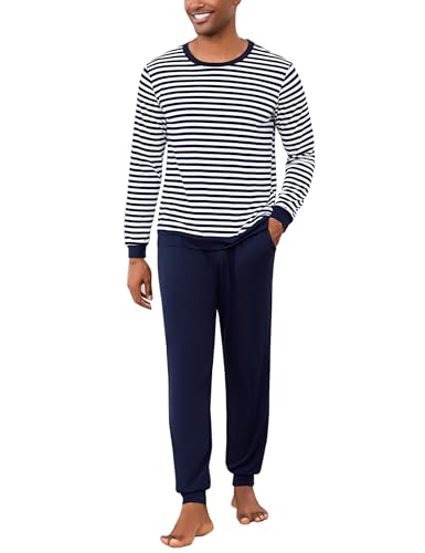 Bresdk Schlafanzug Herren Lang Pyjama Streifen Langarm Baumwolle Winter Schlafanzüge für Herren Pyjamahose Zweiteilig Set Nightwear Blau S von Bresdk