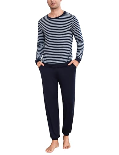 Bresdk Schlafanzug Herren Lang Pyjama Streifen Langarm Baumwolle Winter Schlafanzüge für Herren Pyjamahose Zweiteilig Set Nightwear Blaugrau L von Bresdk