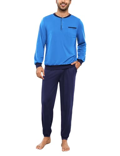 Bresdk Schlafanzug Herren Lang Warm 2-teilige Nachtwäsche Winter Pyjama Set mit Taschen Himmelblau Blau XXL von Bresdk