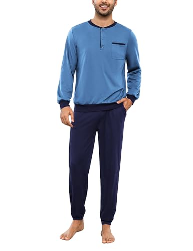 Bresdk Schlafanzug Herren Lang Winter Baumwolle Langarm Nachtwäsche Lange Pyjamahose Hellblau Blau XL von Bresdk
