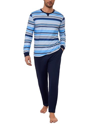 Bresdk Schlafanzug Herren Lang Winter Baumwolle Pyjama Herren Lang mit Rundhalsausschnitt Zweiteiliger Pyjama Set Marineblau + Himmelblau L von Bresdk