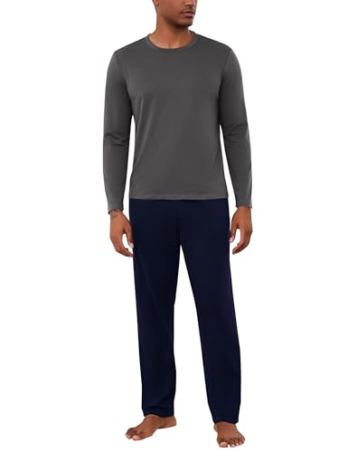 Bresdk Pyjama Herren Lang Winter Baumwolle Runder Ausschnitt Schlafanzug Set für Männer Grau+Marineblau L von Bresdk