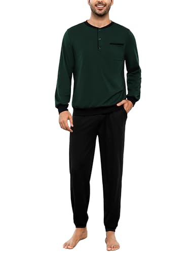 Bresdk Schlafanzug Herren Lang Winter Baumwolle mit Knöpfen Pyjama Set für Männer Grün Schwarz 3XL von Bresdk