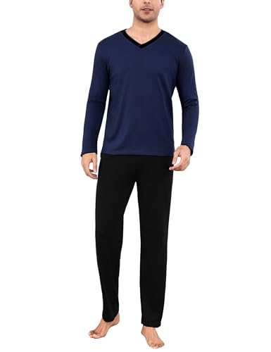 Bresdk Schlafanzug Herren Lang Winter Langarm Oberteile mit Langer Schlafanzughose Blau Schwarz XXL von Bresdk