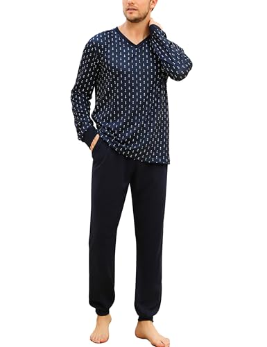 Bresdk Schlafanzug Herren Lang Winter V Ausschnitt Pyjamaset Männer Blau Druckmuster XXL von Bresdk