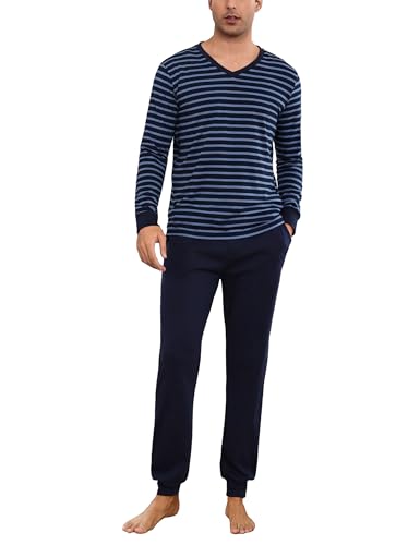 Bresdk Schlafanzug Herren Lang Baumwolle Winter Zweiteilige Nachtwäsche Männer Blau XL von Bresdk