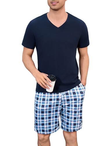 Bresdk Schlafanzug Herren Pyjama Kurz Bequeme Nachtwäsche für Herren in Übergrößen Dunkelblau Hellblau 3XL von Bresdk