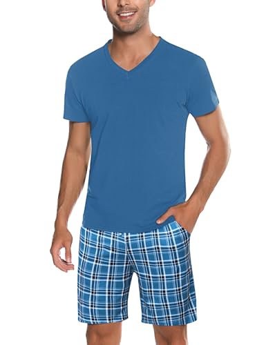 Bresdk Schlafanzug Herren Pyjama Kurz Sommer Schlaf Shorts Herren Kariert mit Taschen Kobaltblau XL von Bresdk
