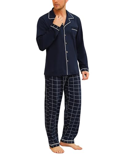 Bresdk Schlafanzug Herren Pyjama Lang Winter Knöpfe Baumwolle Nachtwäsche Schlafanzüge männer Geschenk M763 Blau 3XL von Bresdk