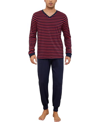 Bresdk Schlafanzug Herren Pyjama Lang Winter Langarm Oberteile mit Schlafanzughose Rot 3XL von Bresdk