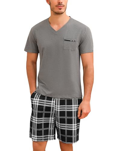 Bresdk Pyjama Herren Schlafanzug Kurz Baumwolle Sommer Set für Männer Nachtwäsche Kariert Grau M216 XXL von Bresdk