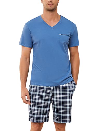 Bresdk Pyjama Herren Schlafanzug Kurz Baumwolle Sommer Set für Männer Nachtwäsche Kariert Himmelblau M216 XXL von Bresdk