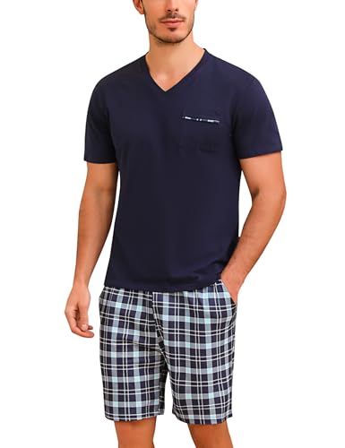 Bresdk Schlafanzug Herren Kurz Sommer Pyjama Set Kurzarm Kariert Männer Blau01 M216 L von Bresdk