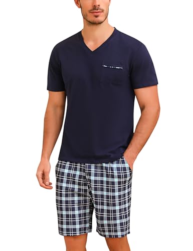 Bresdk Pyjama Herren Schlafanzug Kurz Baumwolle Sommer Set für Männer Nachtwäsche Kariert Blau01 M216 L von Bresdk