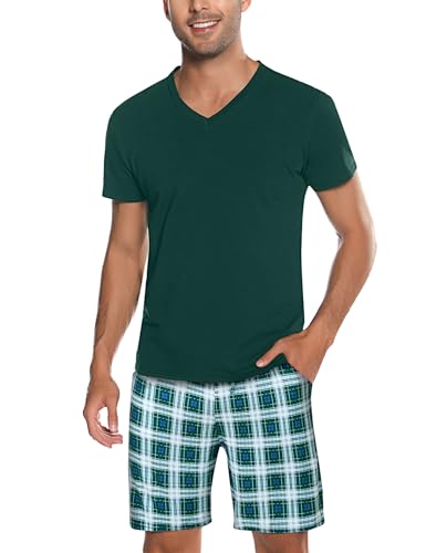 Bresdk Schlafanzug Herren Pyjama Set Kurz Baumwolle Sommer Nachtwäsche Grün S von Bresdk