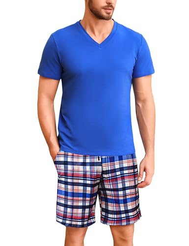 Bresdk Schlafanzug Herren Pyjama Kurz Sommer Schlaf Shorts Herren Kariert mit Taschen Blau Rot XL von Bresdk