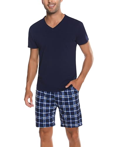 Bresdk Schlafanzug Herren Pyjama Set Kurz Baumwolle Sommer Nachtwäsche Dunkelblau 4XL von Bresdk