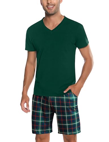 Bresdk Schlafanzug Herren Kurz Pyjama Set mit Schlafanzughose Nachtwäsche für Senioren Grün Rot L von Bresdk