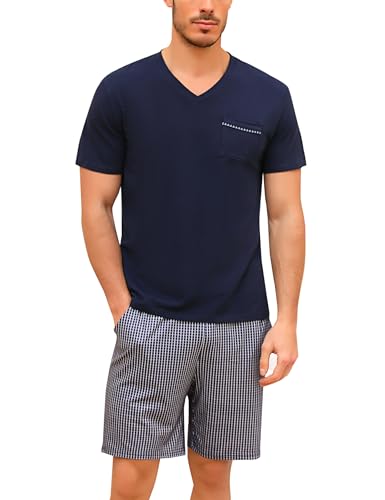 Bresdk Pyjama Herren Schlafanzug Kurz Baumwolle Sommer Set für Männer Nachtwäsche Kariert Blau02 M216 M von Bresdk