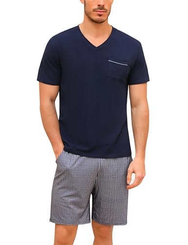 Bresdk Schlafanzug Herren Pyjama Set Kurz Sommer Baumwolle Männer Hausanzug Blau01 M216 S von Bresdk