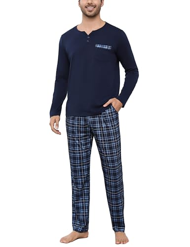 Bresdk Schlafanzug Herren Pyjama Set Lang Baumwolle Winter Nachtwäsche Männer Blau 3XL von Bresdk