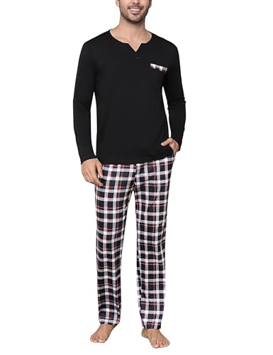 Bresdk Schlafanzug Herren Pyjama Set Lang Baumwolle Winter Nachtwäsche Männer Schwarz L von Bresdk